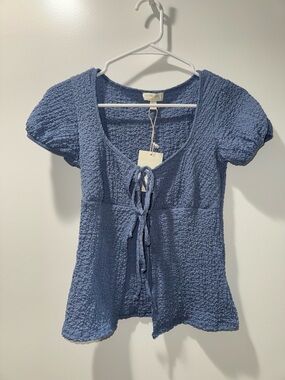See You Monday Dusty Blue Tie-Front Textured Top